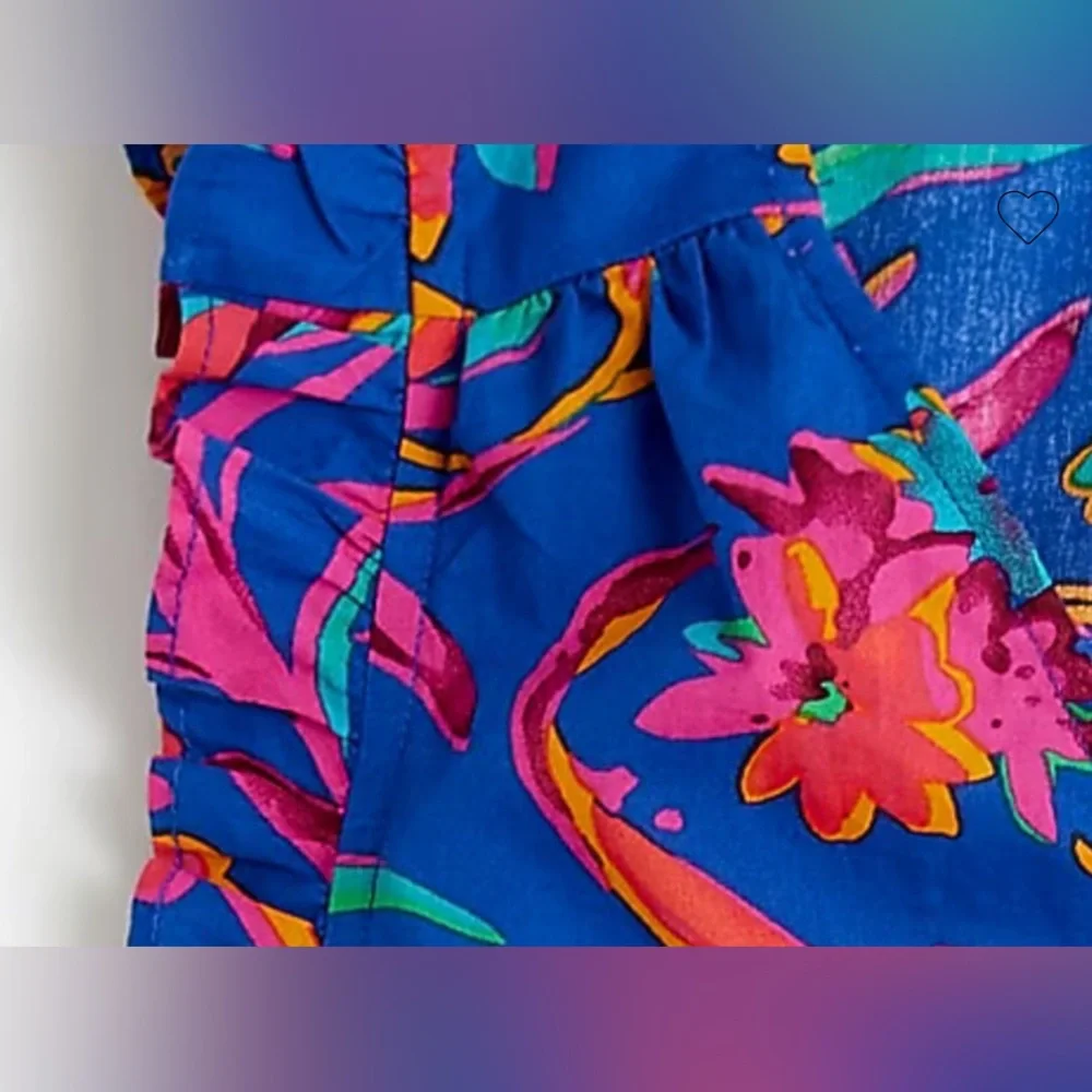 J Crew Bright blue and pink Tropical Floral Ruffle Sleeve cotton Top - Medium